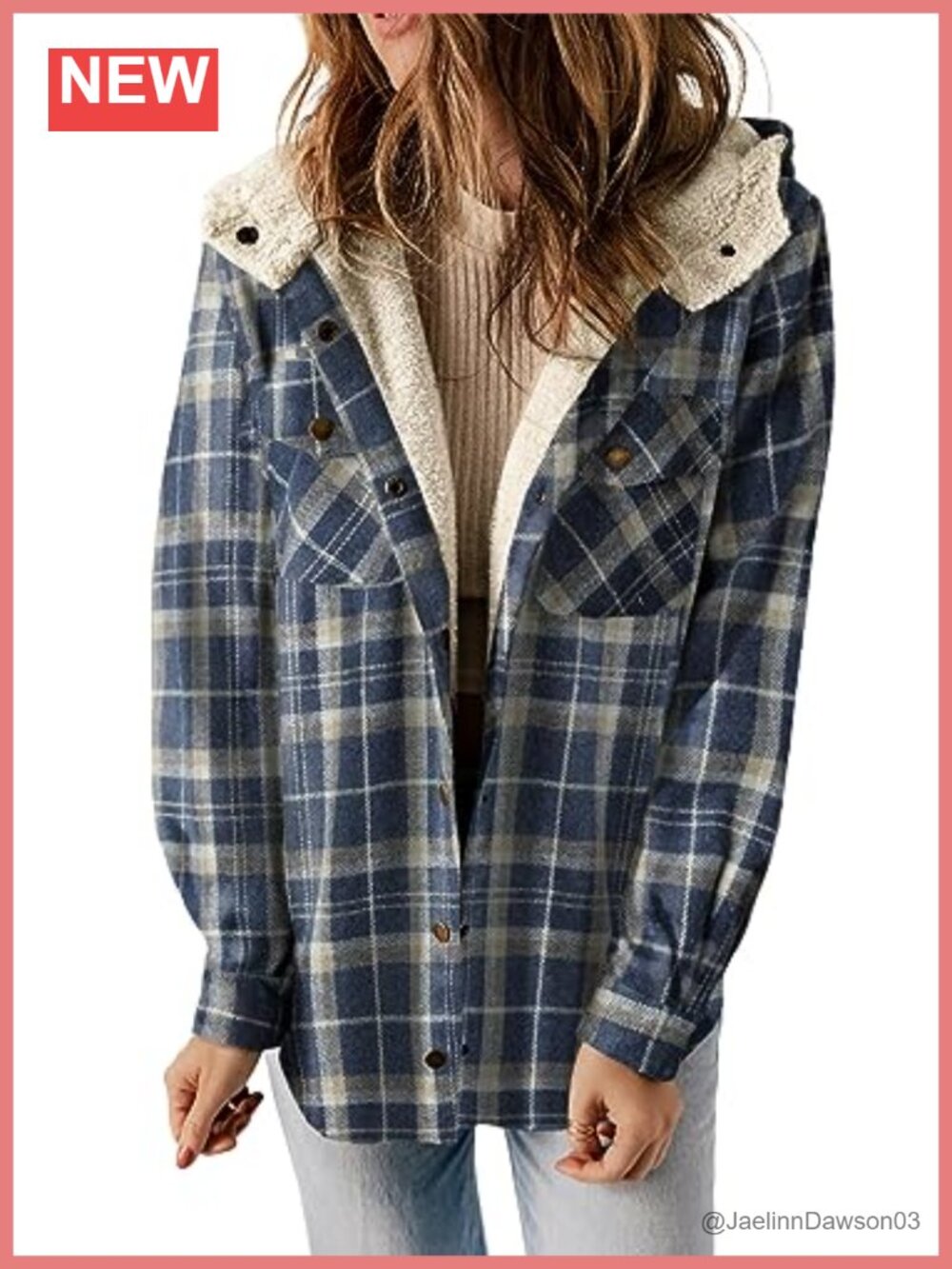 Plaid Hooded Shacket Jacket Warm Fleece Lined Button Front Loose Fit